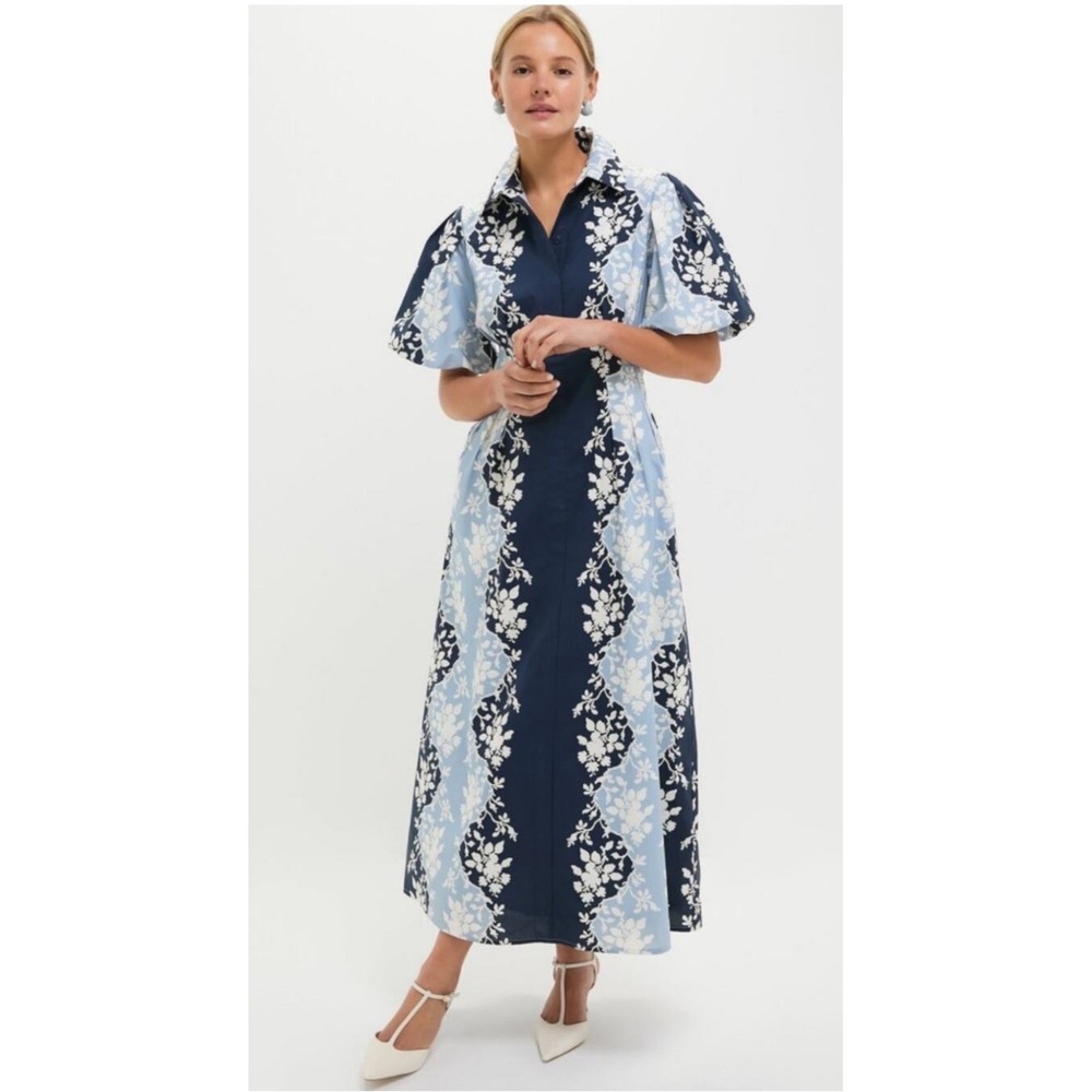 Tuckernuck Blue Fog Delaney Floral Cotton Maxi Dress Puff Sleeve Small